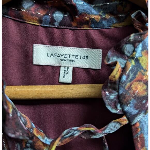 Lafayette 148 Silk Blend Floral Belted Midi Dress Multicolor Ruffle Neck S - Picture 5 of 6